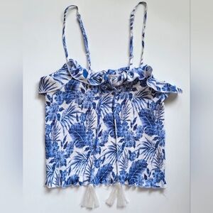 Blue and White Smocked Crop Top with Tropical Print